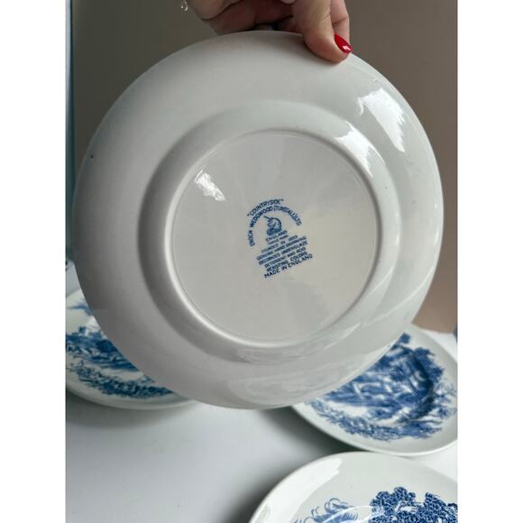 Vintage Wedgwood Dinner Plates Set of 4 Blue Transferware "Countryside" Pattern - Picture 7 of 10